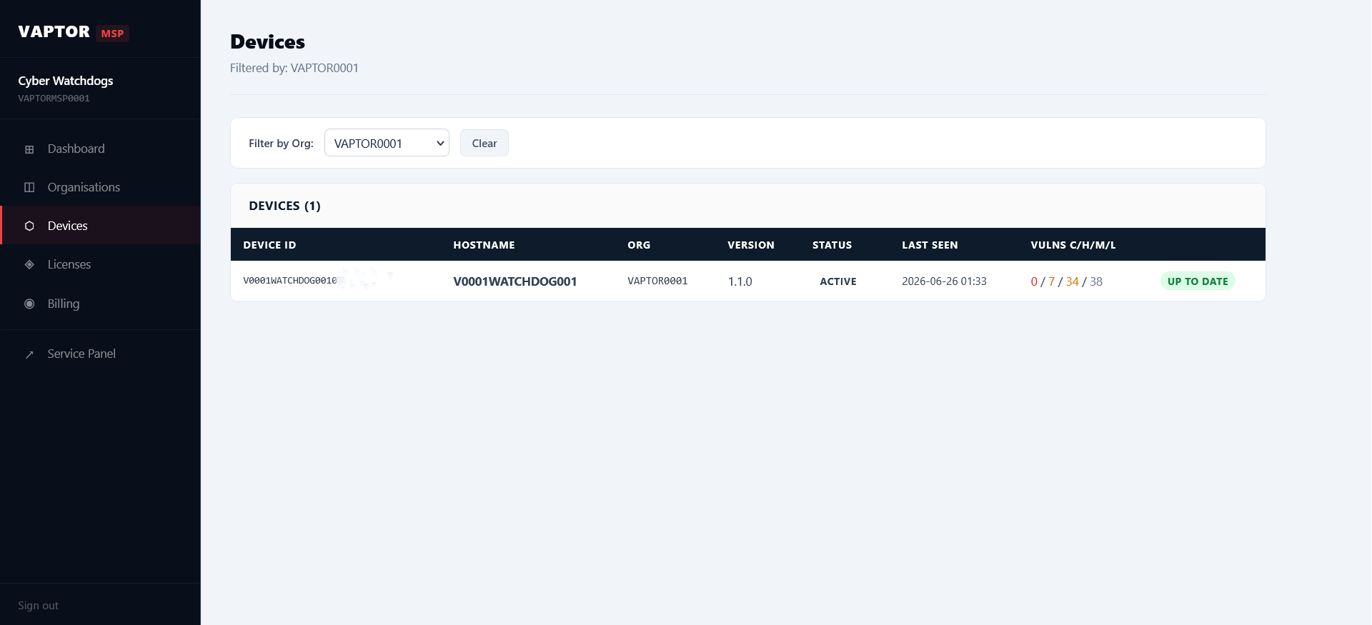 VAPTOR MSP Management Portal